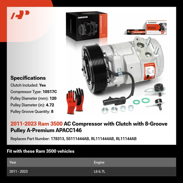 2011-2023 Ram 3500 AC Compressor with Clutch with 8-Groove Pulley A-Premium APACC146