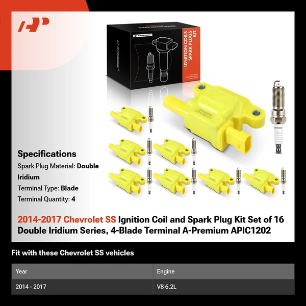 2014-2017 Chevrolet SS Ignition Coil and Spark Plug Kit Set of 16 Double Iridium Series, 4-Blade Terminal A-Premium APIC1202