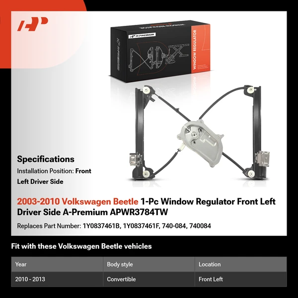 2003-2010 Volkswagen Beetle 1-Pc Window Regulator Front Left Driver Side A-Premium APWR3784TW