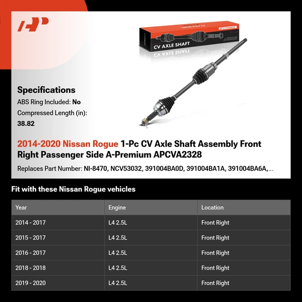 2014-2020 Nissan Rogue 1-Pc CV Axle Shaft Assembly Front Right Passenger Side A-Premium APCVA2328