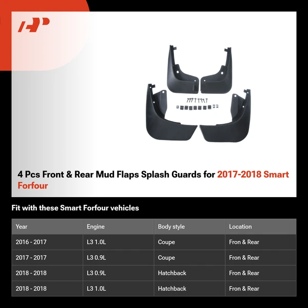 4 Pcs Front & Rear Mud Flaps Splash Guards for 2017-2018 Smart Forfour
