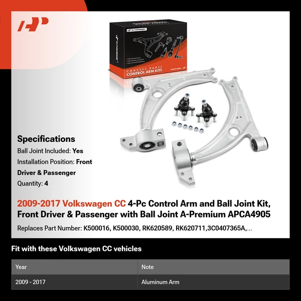 2009-2017 Volkswagen CC 4-Pc Control Arm and Ball Joint Kit, Front Driver & Passenger with Ball Joint A-Premium APCA4905