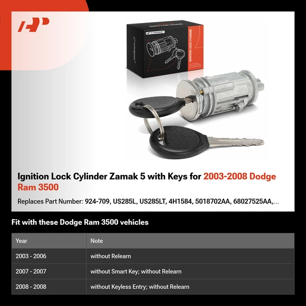 Ignition Lock Cylinder Zamak 5 with Keys for 2003-2008 Dodge Ram 3500