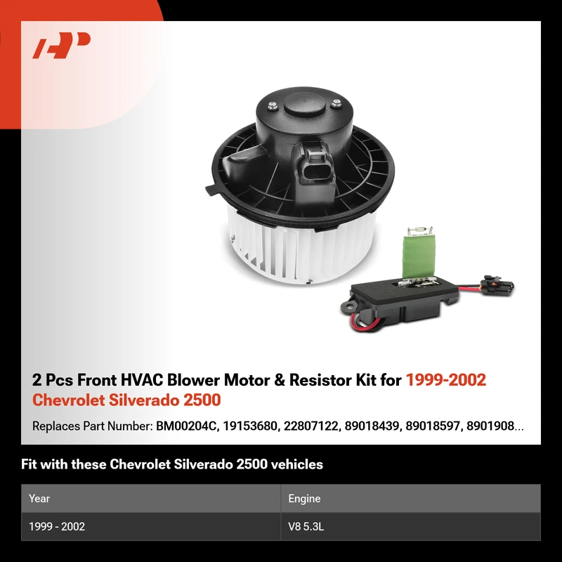 2 Pcs Front HVAC Blower Motor & Resistor Kit for 1999-2002 Chevrolet Silverado 2500