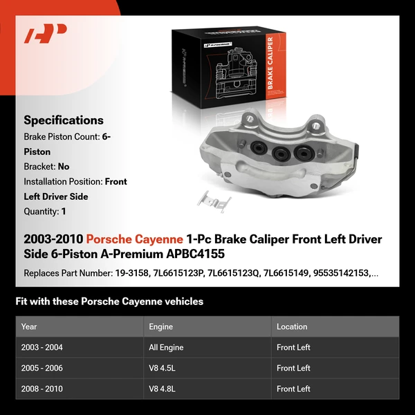 2003-2010 Porsche Cayenne 1-Pc Brake Caliper Front Left Driver Side 6-Piston A-Premium APBC4155