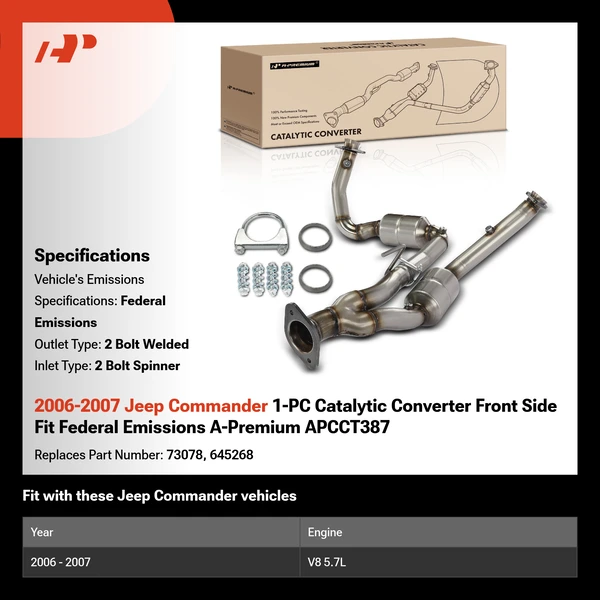 2006-2007 Jeep Commander 1-PC Catalytic Converter Front Side Fit Federal Emissions A-Premium APCCT387