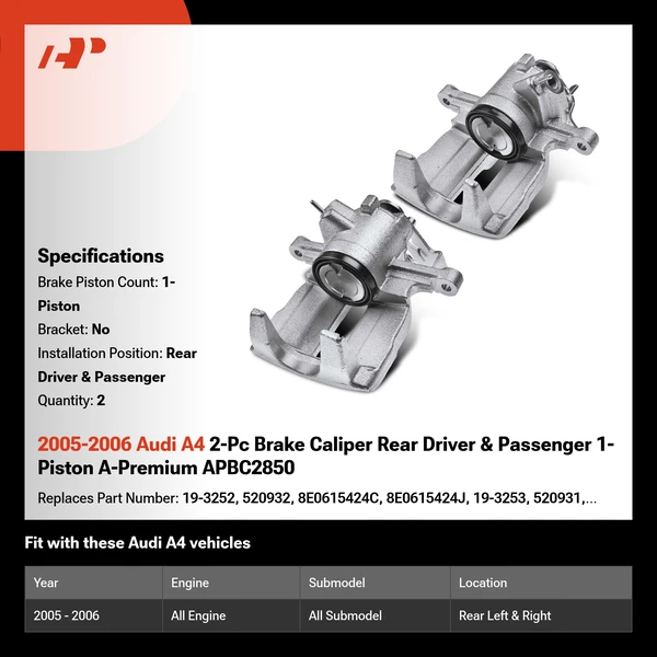 2005-2006 Audi A4 2-Pc Brake Caliper Rear Driver & Passenger 1-Piston A-Premium APBC2850