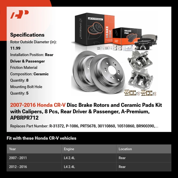 2007-2016 Honda CR-V Disc Brake Rotors and Ceramic Pads Kit with Calipers, 8 Pcs, Rear Driver & Passenger, A-Premium, APBRPR712
