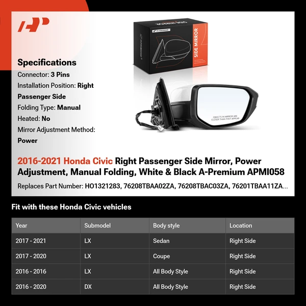 2016-2021 Honda Civic Right Passenger Side Mirror, Power Adjustment, Manual Folding, White & Black A-Premium APMI058