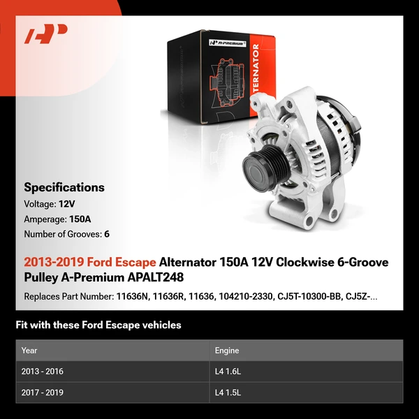 2013-2019 Ford Escape Alternator 150A 12V Clockwise 6-Groove Pulley A-Premium APALT248