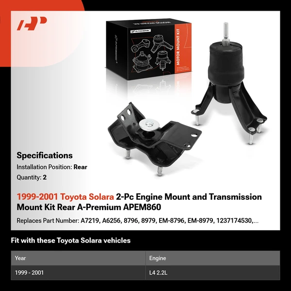 1999-2001 Toyota Solara 2-Pc Engine Mount and Transmission Mount Kit Rear A-Premium APEM860