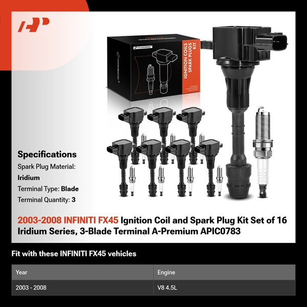 2003-2008 INFINITI FX45 Ignition Coil and Spark Plug Kit Set of 16 Iridium Series, 3-Blade Terminal A-Premium APIC0783
