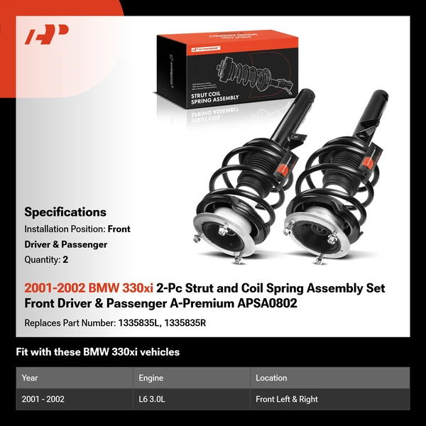 2001-2002 BMW 330xi 2-Pc Strut and Coil Spring Assembly Set Front Driver & Passenger A-Premium APSA0802