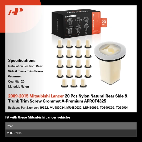 2009-2015 Mitsubishi Lancer 20 Pcs Nylon Natural Rear Side & Trunk Trim Screw Grommet A-Premium APRCF4325