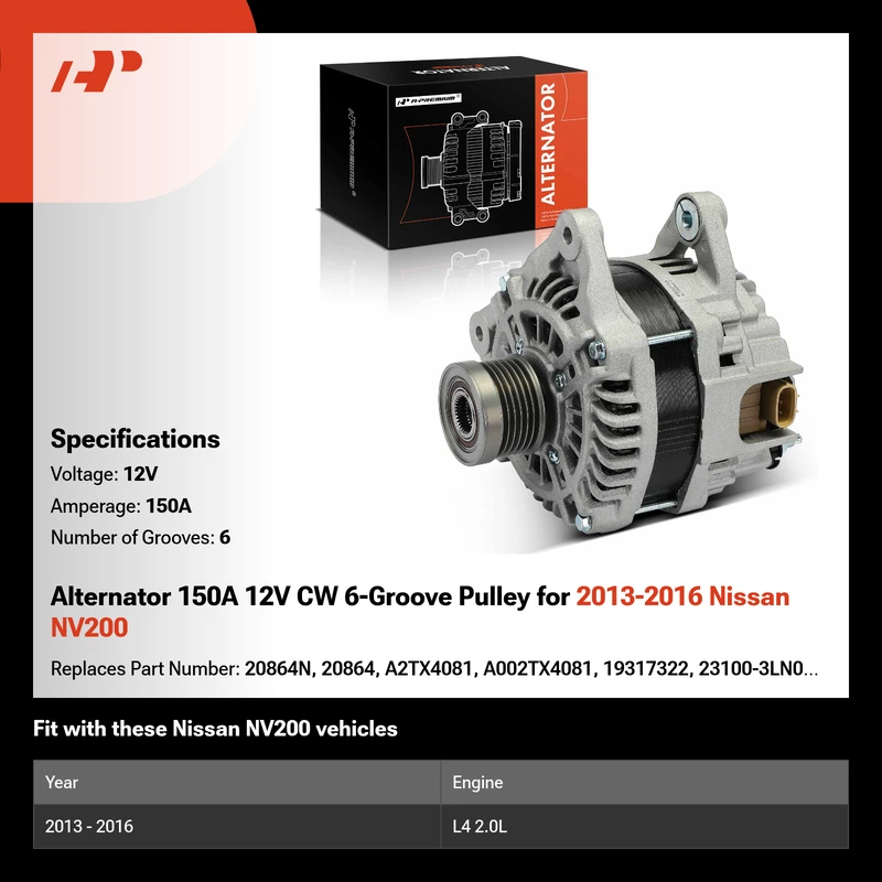 Alternator 150A 12V CW 6-Groove Pulley for 2013-2016 Nissan NV200
