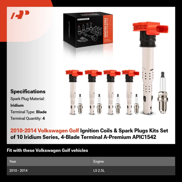 2010-2014 Volkswagen Golf Ignition Coils & Spark Plugs Kits Set of 10 Iridium Series, 4-Blade Terminal A-Premium APIC1542