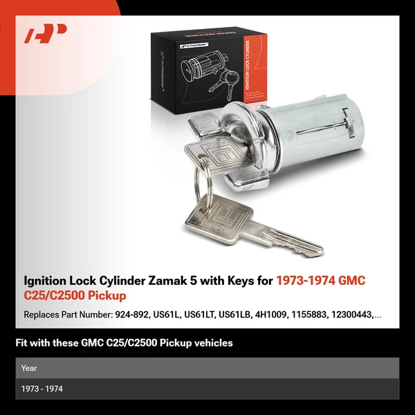 Ignition Lock Cylinder Zamak 5 with Keys for 1973-1974 GMC C25/C2500 Pickup