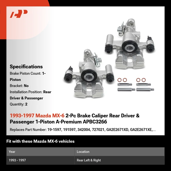 1993-1997 Mazda MX-6 2-Pc Brake Caliper Rear Driver & Passenger 1-Piston A-Premium APBC3266