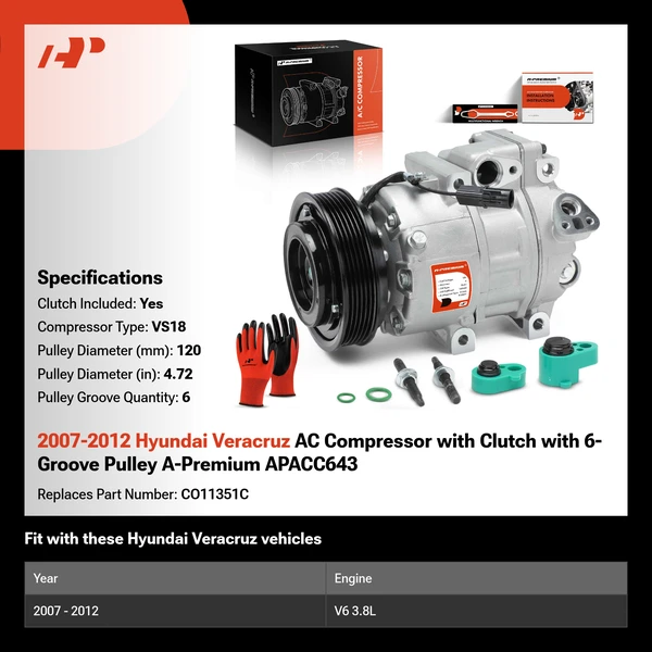 2007-2012 Hyundai Veracruz AC Compressor with Clutch with 6-Groove Pulley A-Premium APACC643