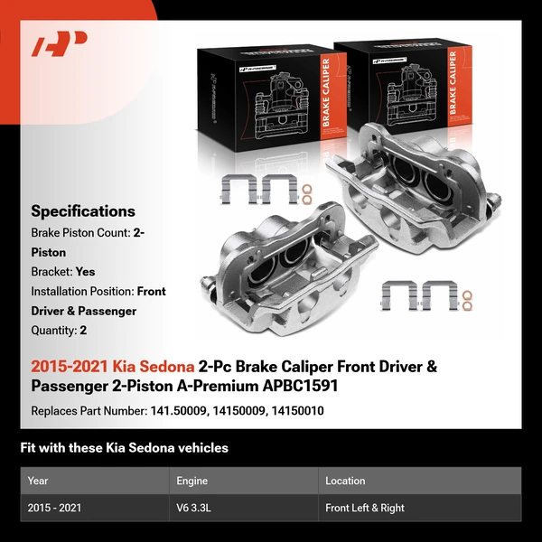 2015-2021 Kia Sedona 2-Pc Brake Caliper Front Driver & Passenger 2-Piston A-Premium APBC1591