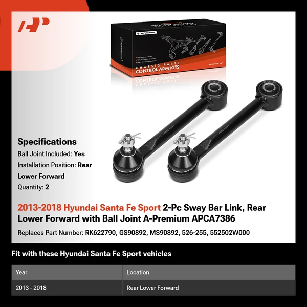 2013-2018 Hyundai Santa Fe Sport 2-Pc Sway Bar Link, Rear Lower Forward with Ball Joint A-Premium APCA7386