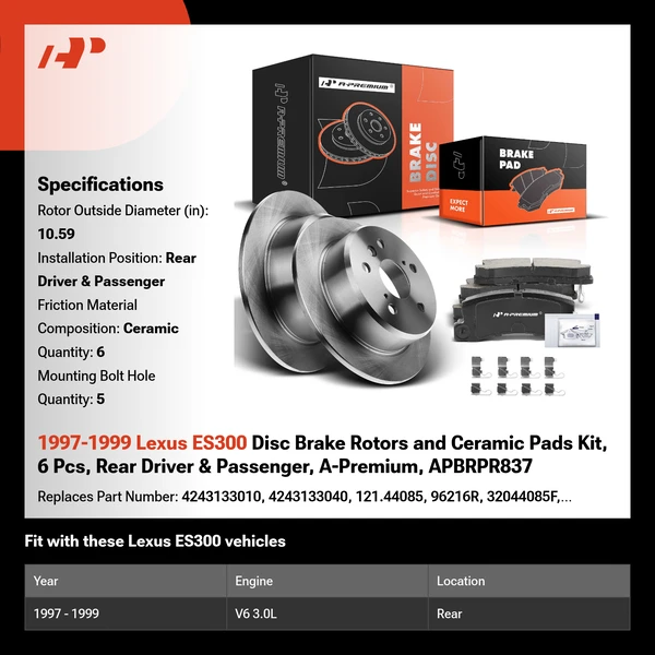 1997-1999 Lexus ES300 Disc Brake Rotors and Ceramic Pads Kit, 6 Pcs, Rear Driver & Passenger, A-Premium, APBRPR837