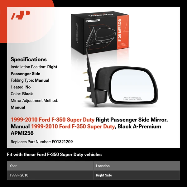 1999-2010 Ford F-350 Super Duty Right Passenger Side Mirror, Manual 1999-2010 Ford F-350 Super Duty, Black A-Premium APMI256