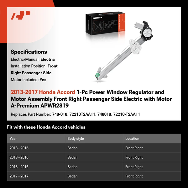 2013-2017 Honda Accord 1-Pc Power Window Regulator and Motor Assembly Front Right Passenger Side Electric with Motor A-Premium APWR2819