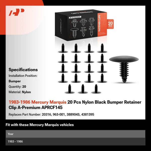 1983-1986 Mercury Marquis 20 Pcs Nylon Black Bumper Retainer Clip A-Premium APRCF145
