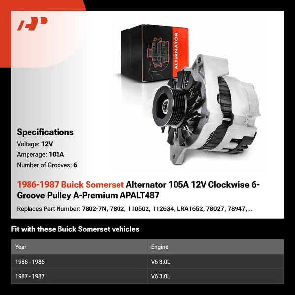 1986-1987 Buick Somerset Alternator 105A 12V Clockwise 6-Groove Pulley A-Premium APALT487
