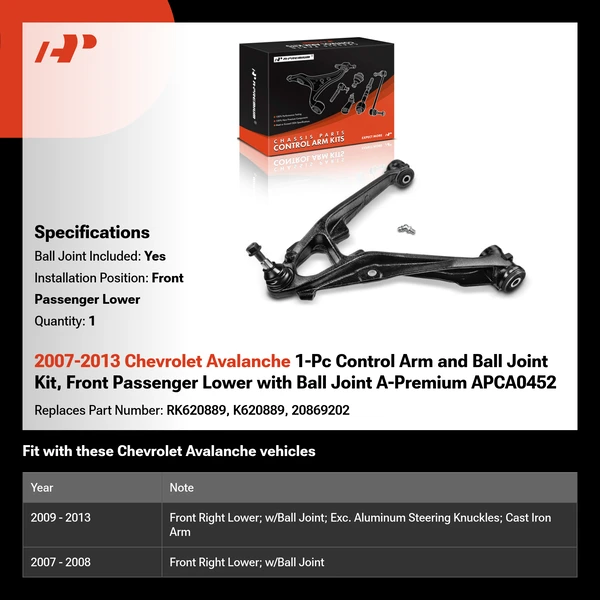 2007-2013 Chevrolet Avalanche 1-Pc Control Arm and Ball Joint Kit, Front Passenger Lower with Ball Joint A-Premium APCA0452
