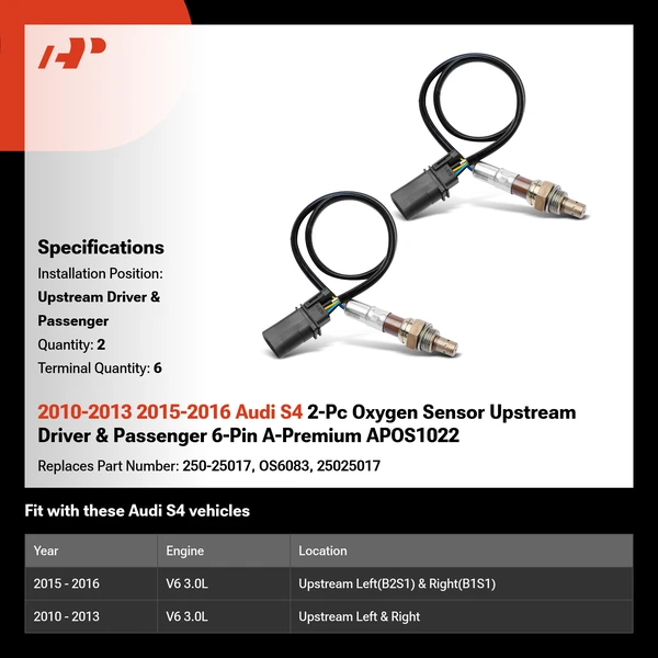 2010-2013 2015-2016 Audi S4 2-Pc Oxygen Sensor Upstream Driver & Passenger 6-Pin A-Premium APOS1022