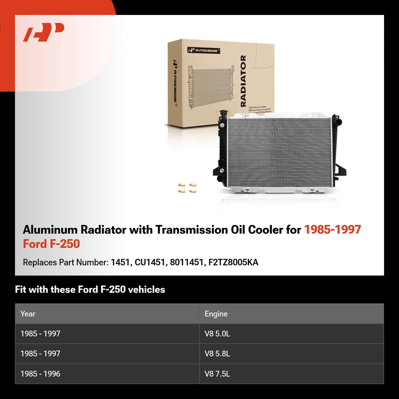 Aluminum Radiator with Transmission Oil Cooler for 1985-1997 Ford F-250
