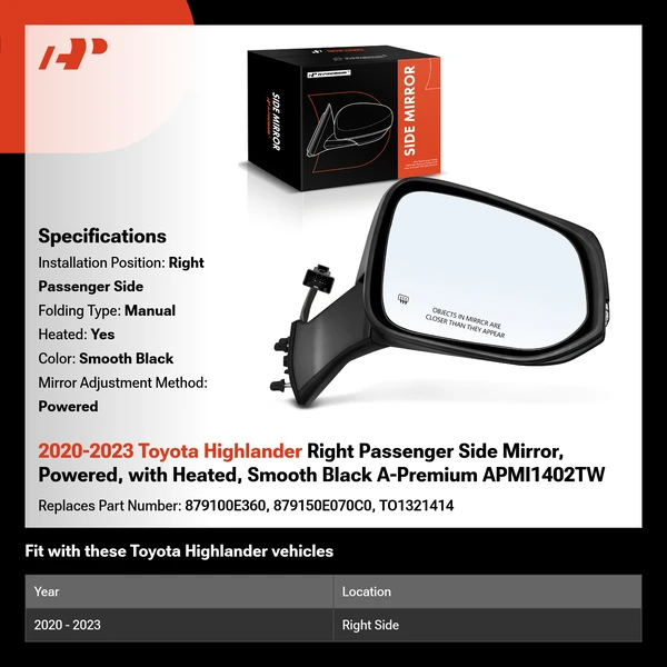 2020-2023 Toyota Highlander Right Passenger Side Mirror, Powered, with Heated, Smooth Black A-Premium APMI1402TW