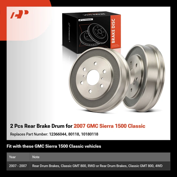 2 Pcs Rear Brake Drum for 2007 GMC Sierra 1500 Classic
