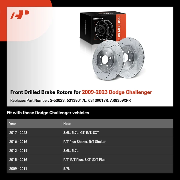 Front Drilled Brake Rotors for 2009-2023 Dodge Challenger