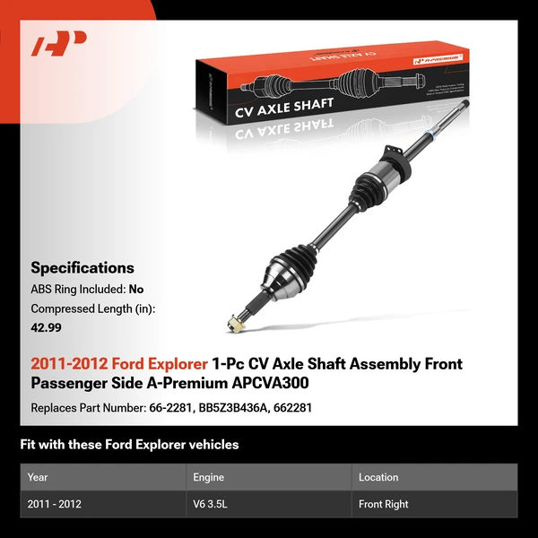 2011-2012 Ford Explorer 1-Pc CV Axle Shaft Assembly Front Passenger Side A-Premium APCVA300