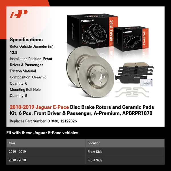 2018-2019 Jaguar E-Pace Disc Brake Rotors and Ceramic Pads Kit, 6 Pcs, Front Driver & Passenger, A-Premium, APBRPR1870