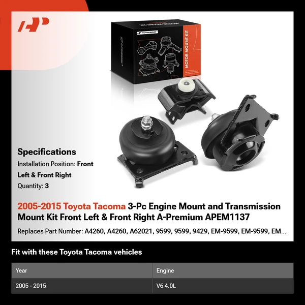 2005-2015 Toyota Tacoma 3-Pc Engine Mount and Transmission Mount Kit Front Left & Front Right A-Premium APEM1137