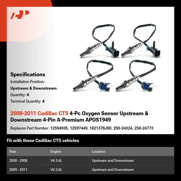 2008-2011 Cadillac CTS 4-Pc Oxygen Sensor Upstream & Downstream 4-Pin A-Premium APOS1949