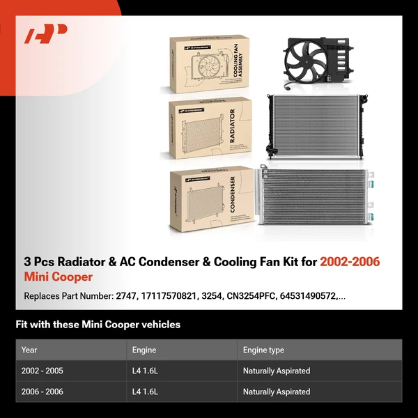 3 Pcs Radiator & AC Condenser & Cooling Fan Kit for 2002-2006 Mini Cooper