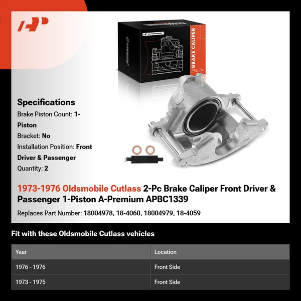 1973-1976 Oldsmobile Cutlass 2-Pc Brake Caliper Front Driver & Passenger 1-Piston A-Premium APBC1339
