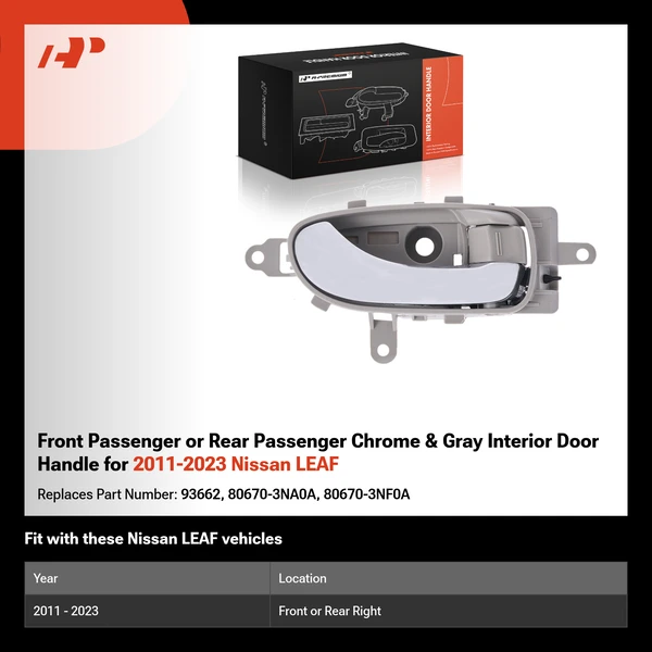 Front Passenger or Rear Passenger Chrome & Gray Interior Door Handle for 2011-2023 Nissan LEAF