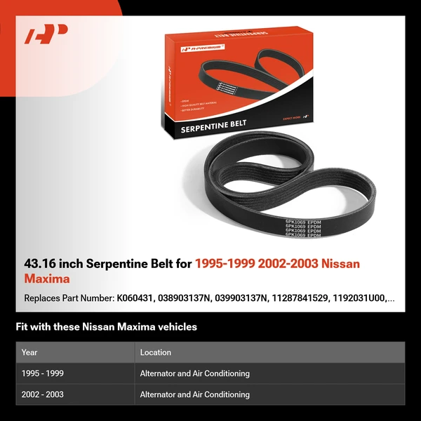43.16 inch Serpentine Belt for 1995-1999 2002-2003 Nissan Maxima