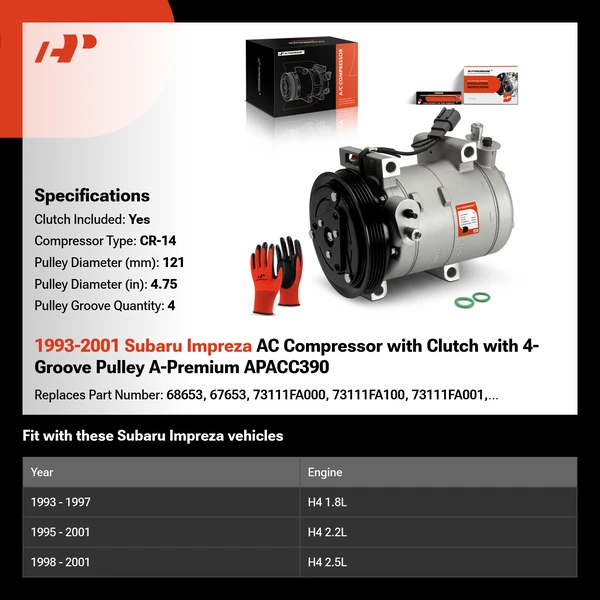 1993-2001 Subaru Impreza AC Compressor with Clutch with 4-Groove Pulley A-Premium APACC390
