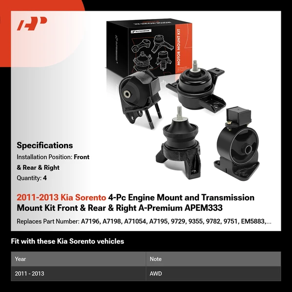 2011-2013 Kia Sorento 4-Pc Engine Mount and Transmission Mount Kit Front & Rear & Right A-Premium APEM333
