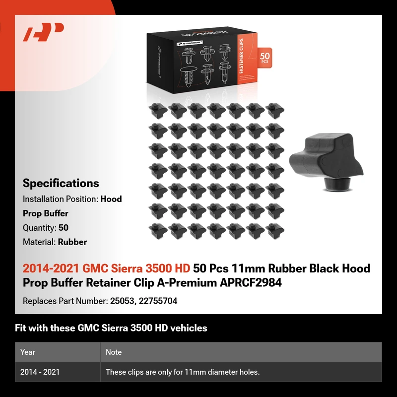 2014-2021 GMC Sierra 3500 HD 50 Pcs 11mm Rubber Black Hood Prop Buffer Retainer Clip A-Premium APRCF2984