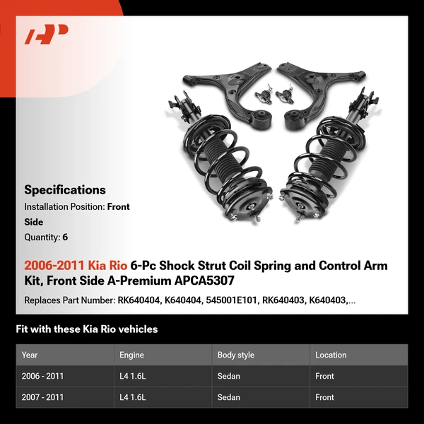 2006-2011 Kia Rio 6-Pc Shock Strut Coil Spring and Control Arm Kit, Front Side A-Premium APCA5307