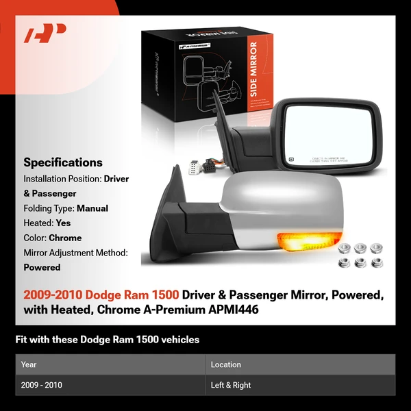 2009-2010 Dodge Ram 1500 Driver & Passenger Mirror, Powered, with Heated, Chrome A-Premium APMI446