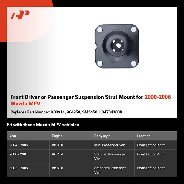 Front Driver or Passenger Suspension Strut Mount for 2000-2006 Mazda MPV